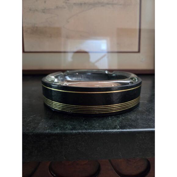 Vintage 6.25" Glass & Black Leather Wrapped Ashtray Gold Stripe Mid Century - Picture 2 of 6